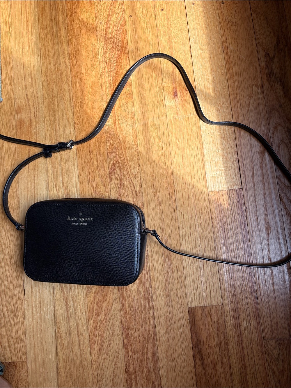 kate spade black leather crossbody camera bag with gold logo